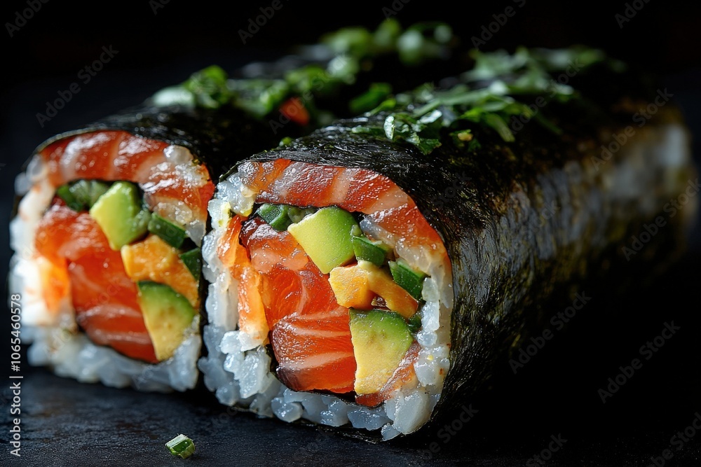 A beautifully arranged sushi roll is presented from above, revealing layers of fresh salmon, avocado, and colorful vegetables, garnished with green onions on a dark background.