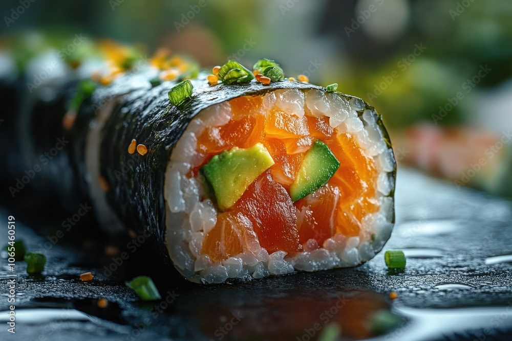 A beautifully arranged sushi roll reveals layers of fresh vegetables and seafood, highlighting the colorful presentation of the ingredients. The dish rests on a dark surface, enhancing its appeal.