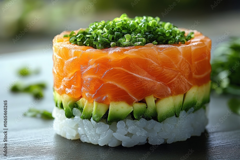 A beautifully arranged sushi roll showcases layers of fresh salmon and cucumber atop a bed of rice, garnished with chopped green onions, illuminated by soft natural light.