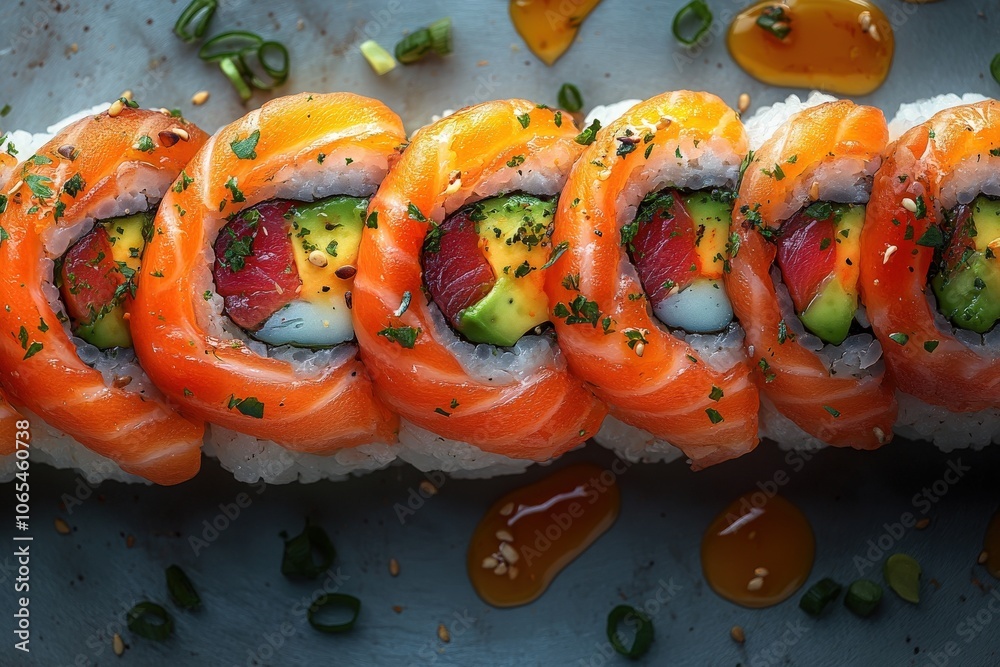 A beautifully arranged sushi roll showcases layers of fresh salmon, tuna, and avocado, garnished with herbs and accompanied by a drizzle of sauce. Perfect for a culinary delight.