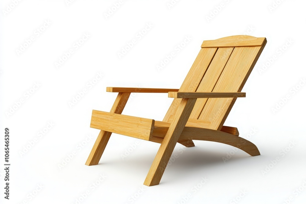 A beautifully crafted wooden deck chair is positioned in the center, inviting relaxation. Its simple design adds charm to any outdoor setting, ideal for enjoying sunny days.