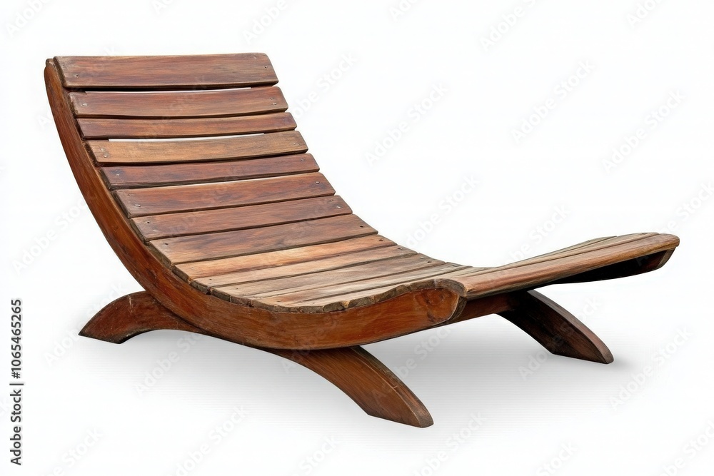 A beautifully designed wooden deck chair sits isolated, showcasing its elegant curved shape and inviting slats. Ideal for lounging in the sun or enjoying a peaceful moment outdoors.