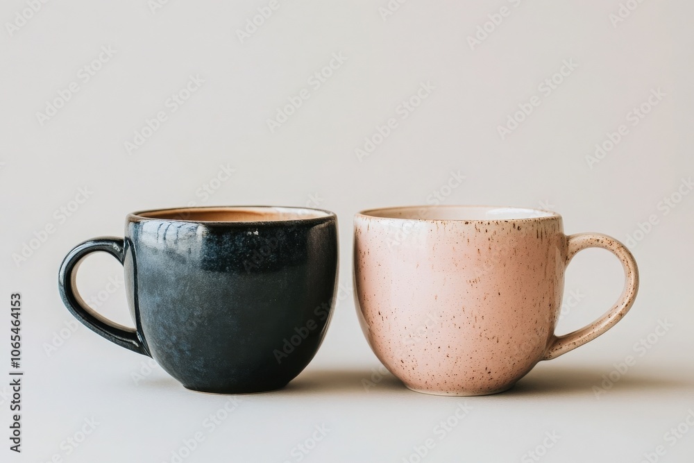 A black coffee cup sits next to a soft pink cup, both filled with warm beverages. The cups are elegantly crafted with a smooth finish, showcasing their distinct colors against a light backdrop.