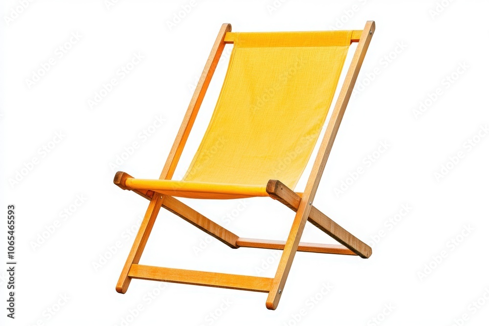 A bright yellow wooden deck chair stands alone, offering a cozy spot for relaxation and leisure. Its simple design invites moments of comfort and sunshine in an outdoor space.