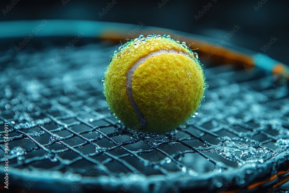 A close-up perspective showcases a tennis racket with a drenched tennis ball sitting on the strings, highlighting the sports dynamic nature. The water droplets add a vibrant detail.