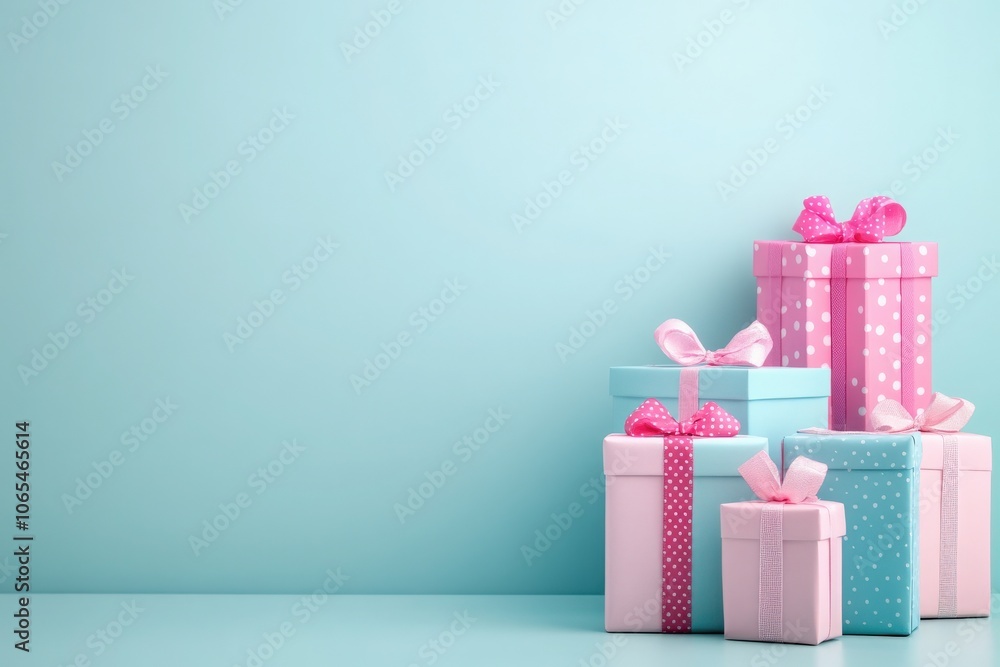 A collection of beautifully wrapped presents in pastel colors sits neatly arranged against a light blue backdrop, creating a festive atmosphere perfect for gifting occasions.