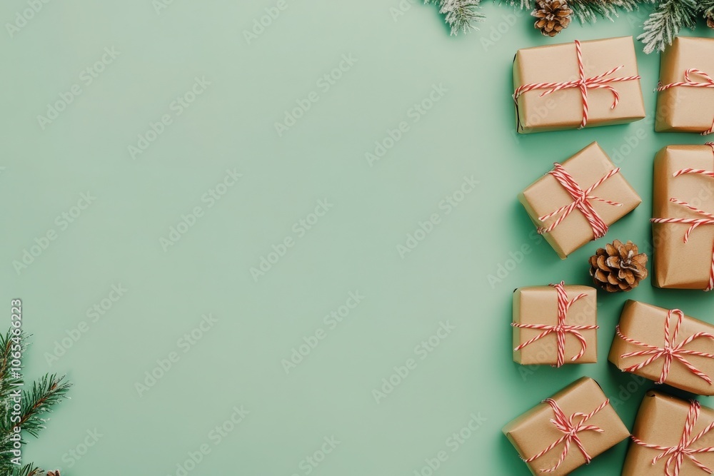 A collection of beautifully wrapped presents sits neatly on a solid green background, complemented by pinecones and evergreen branches, creating a festive atmosphere perfect for celebrations.