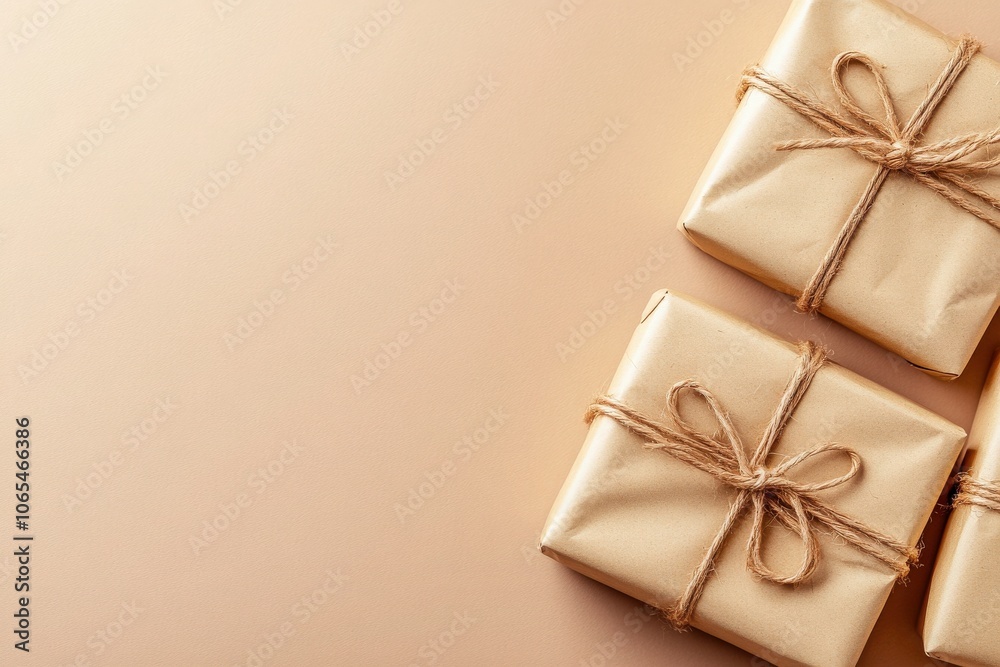 A collection of beautifully wrapped presents tied with twine sits on a plain background, creating an inviting atmosphere for gift-giving on a special occasion.