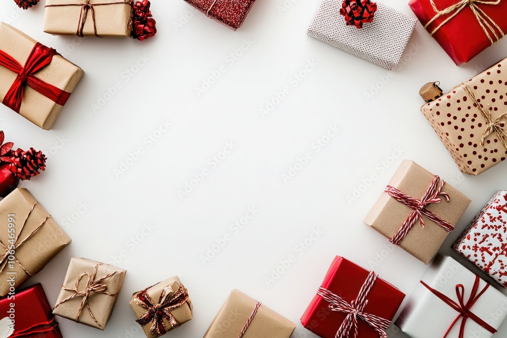 A collection of beautifully wrapped presents with various designs and ribbons is neatly arranged on a clean, solid background, creating a festive atmosphere for celebrations and special occasions.