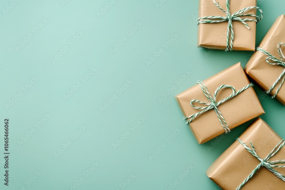 A collection of neatly wrapped gifts in a soft brown paper adorned with teal twine sits on a mint green background, ideal for holiday celebrations or special occasions.
