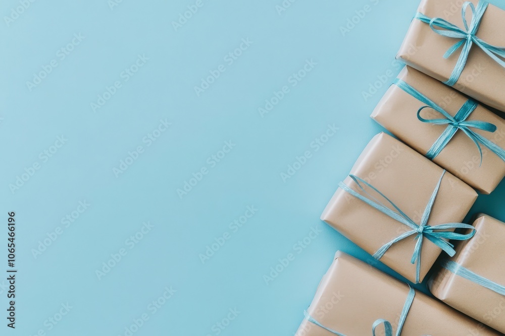 A collection of neatly wrapped presents, adorned with delicate blue ribbons, is arranged on a solid blue background, creating a cheerful and festive atmosphere perfect for celebration.