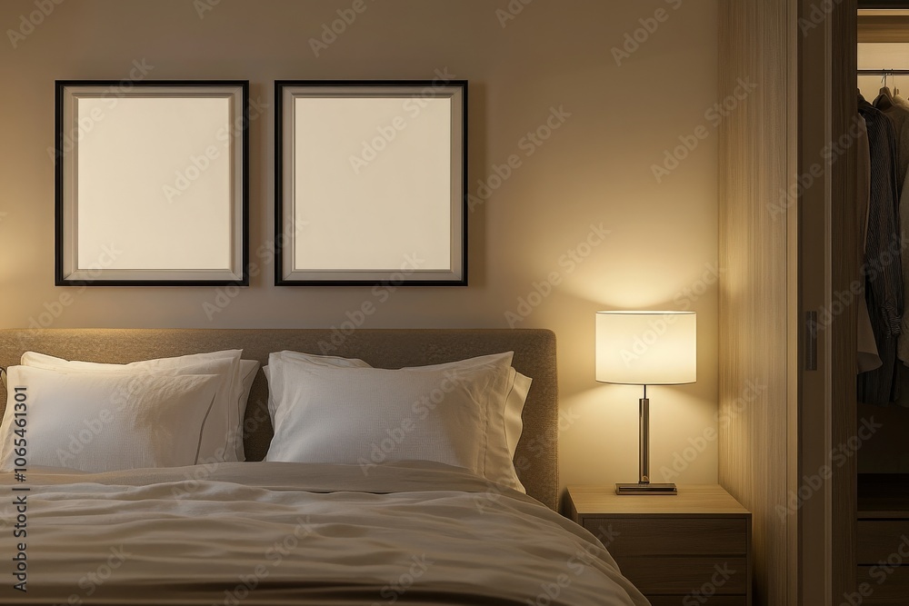 A cozy bedroom features two empty black frames aligned above a neatly made bed with white linens. Soft lighting illuminates the space, creating a warm atmosphere alongside a wardrobe.