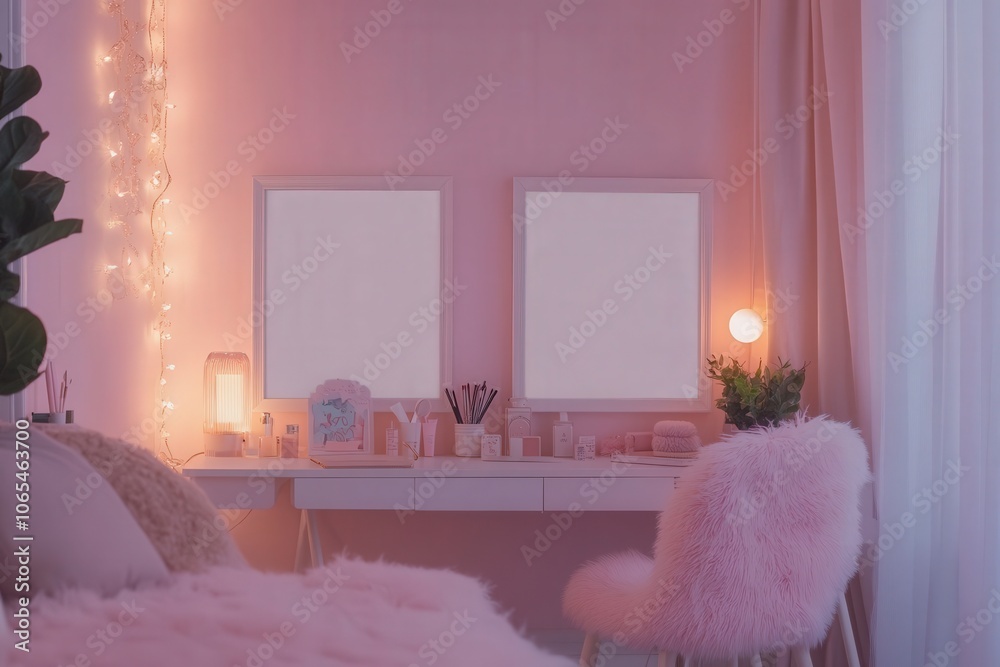 A cozy room features two empty white square frames positioned side by side on a minimalist vanity. Soft pink lighting creates a warm ambiance, enhancing the tranquil atmosphere of the space.