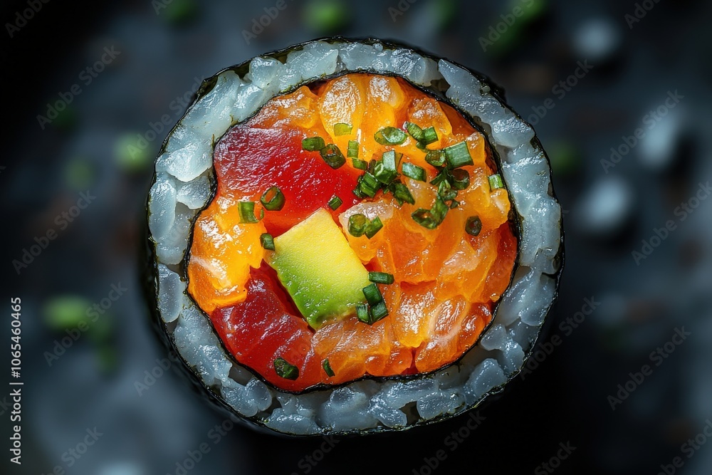 A delicious sushi roll showcases vibrant layers of fresh salmon, tuna, and avocado, surrounded by perfectly seasoned rice. Chopped scallions add a touch of color and flavor, appealing to sushi lovers.