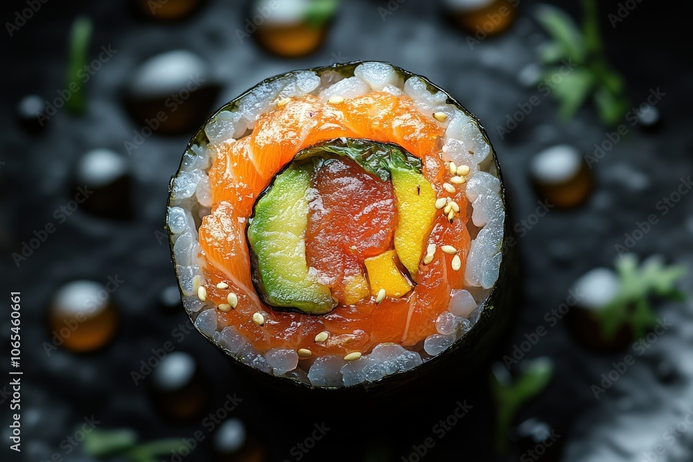 A detailed view of a sushi roll reveals vibrant layers of fish, avocado, and vegetables, garnished with sesame seeds, served elegantly on a dark plate.