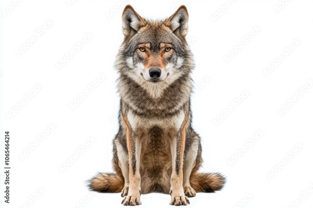 A lone wolf sits centered against a plain background, showcasing its striking features and alert expression. Its fur blends shades of gray and brown, highlighting its captivating eyes.