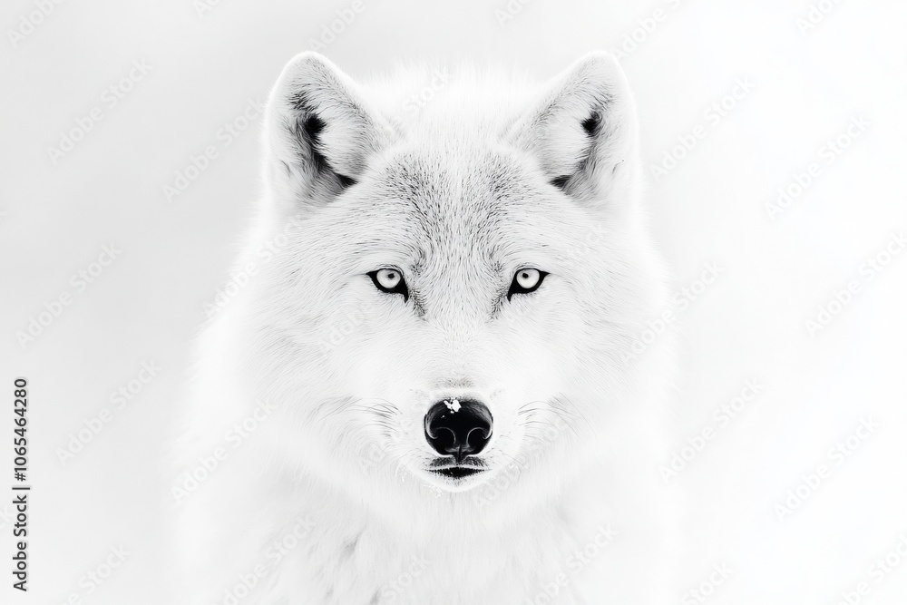 A majestic white wolf stands isolated against a soft, snowy background. Its striking blue eyes gaze directly forward, highlighting its beauty and wild spirit in the winter wilderness.