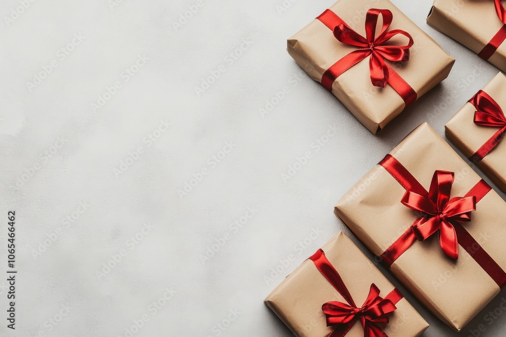 A selection of beautifully wrapped presents in various sizes, all adorned with red ribbons, is neatly arranged on a clean, solid background, perfect for a festive or celebratory event.