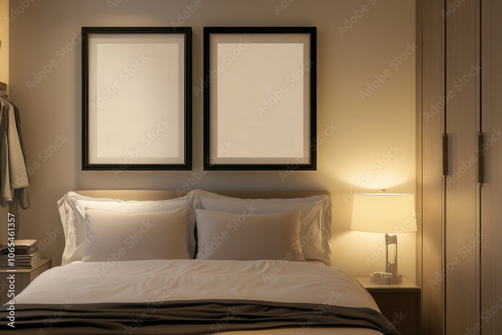 A serene bedroom features two empty black frames aligned above a neatly made bed. Soft lighting from a bedside lamp creates a warm, inviting atmosphere, enhancing the tranquil space.