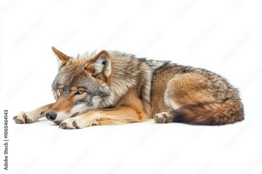 A solitary wolf rests on a soft surface, its striking fur and focused gaze highlighting its wild elegance and natural instinct. The calm setting emphasizes its independence and strength.