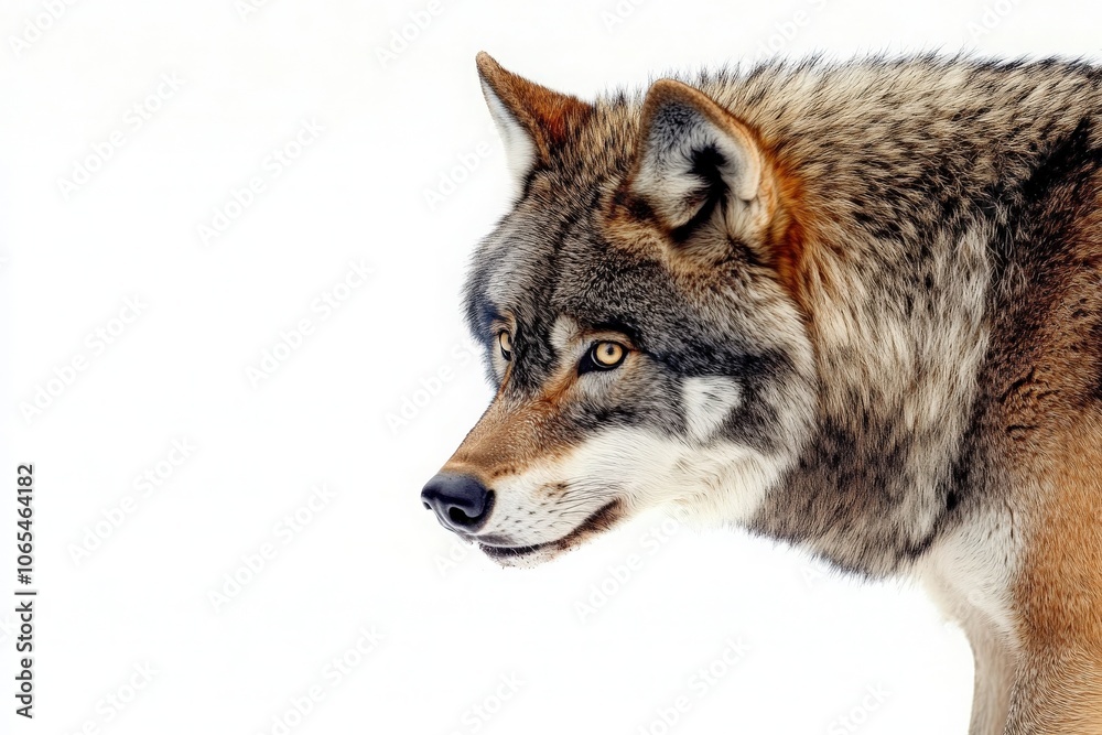 A solitary wolf stands isolated in a snowy setting, its keen eyes focused ahead. The bright winter light accentuates its thick fur, highlighting the majestic presence of this wild creature.