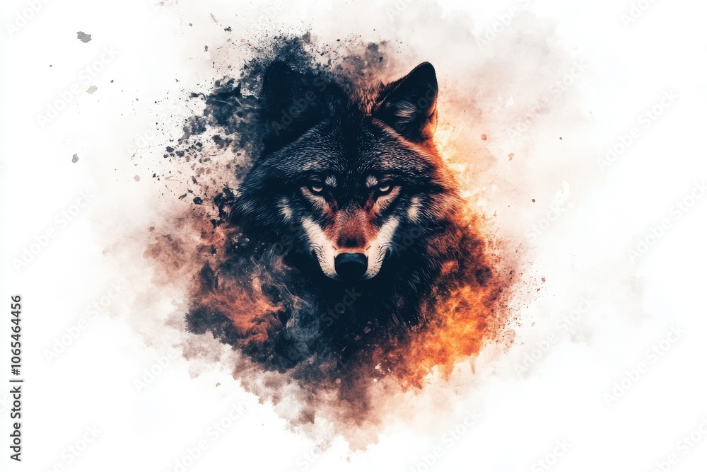 A striking portrayal of a wolf, sharply defined at the center, surrounded by swirling, smoky elements that enhance its fierce gaze and majestic allure. The atmosphere suggests mystery and wildness.