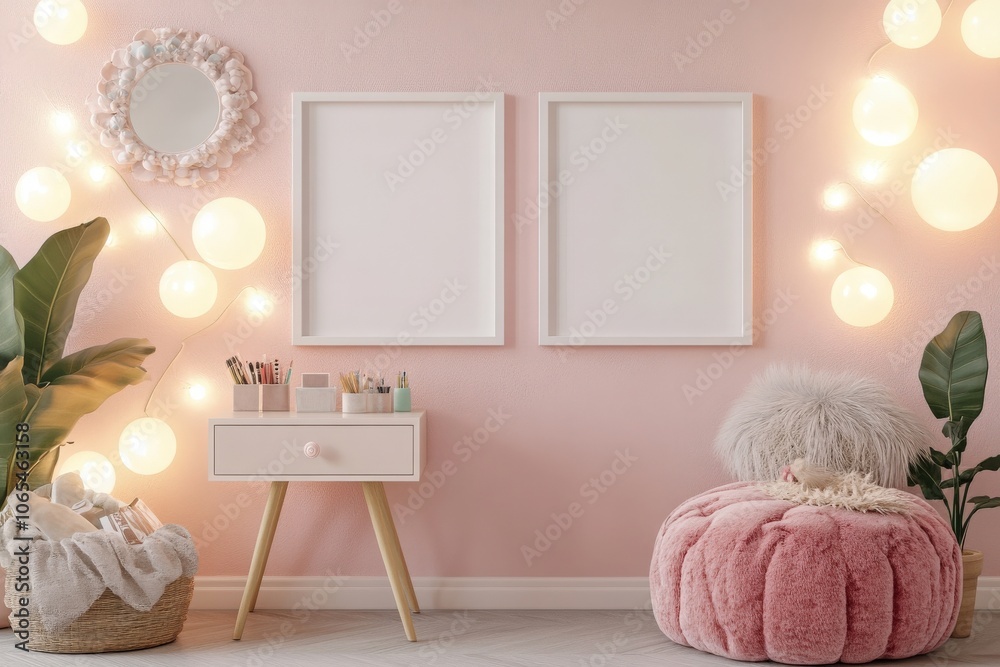 A stylish room displays two empty white square frames aligned side by side on a pink wall. Decorative lights and plants enhance the cozy and inviting atmosphere of the space.