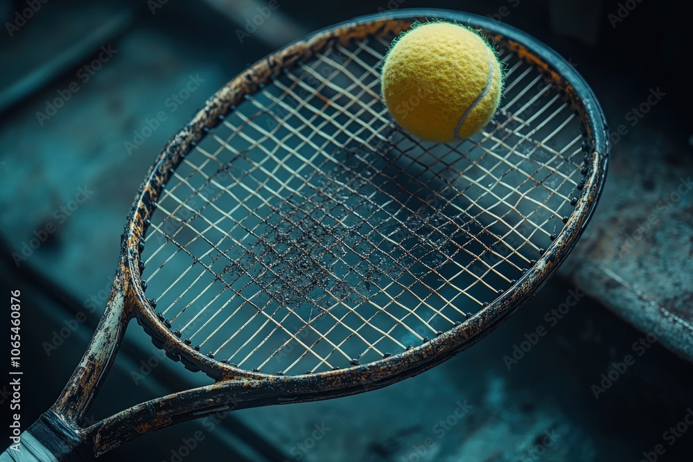 A tennis racket with a worn frame rests on a weathered wooden surface, while a bright yellow ball sits perfectly centered on the strings, highlighting the sports classic equipment.