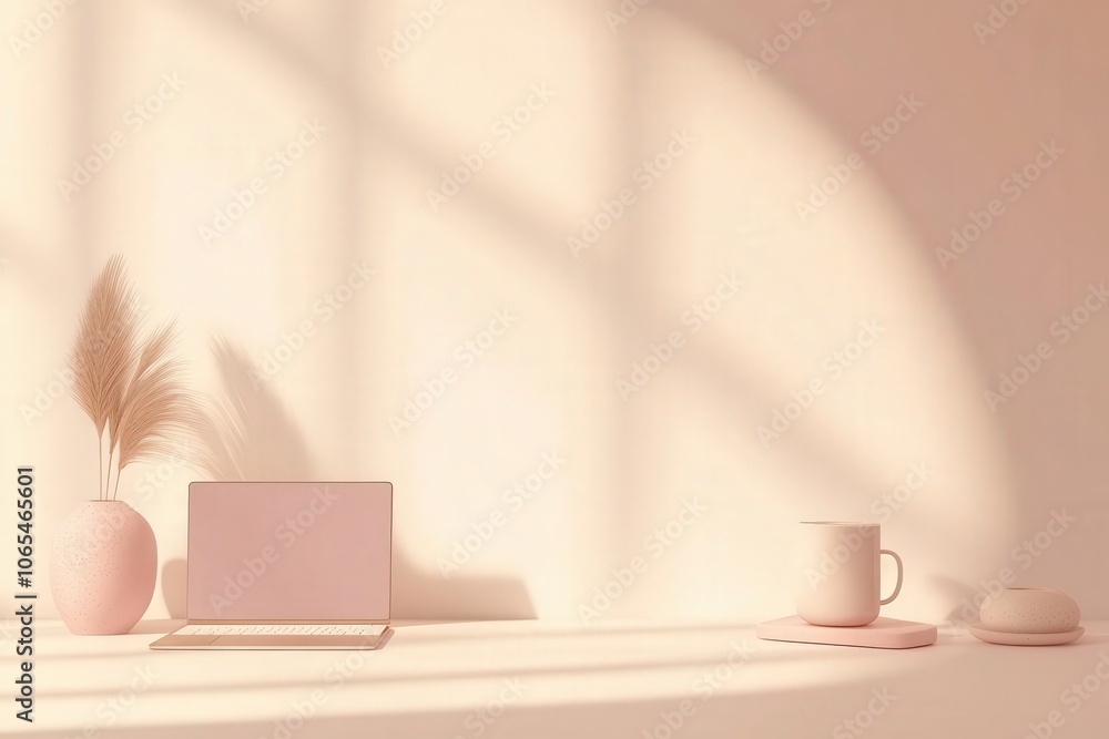A tranquil workspace featuring a laptop, a cup, and decorative items, bathed in soft, natural light. The simple design emphasizes a clean, unobtrusive aesthetic, perfect for productivity.