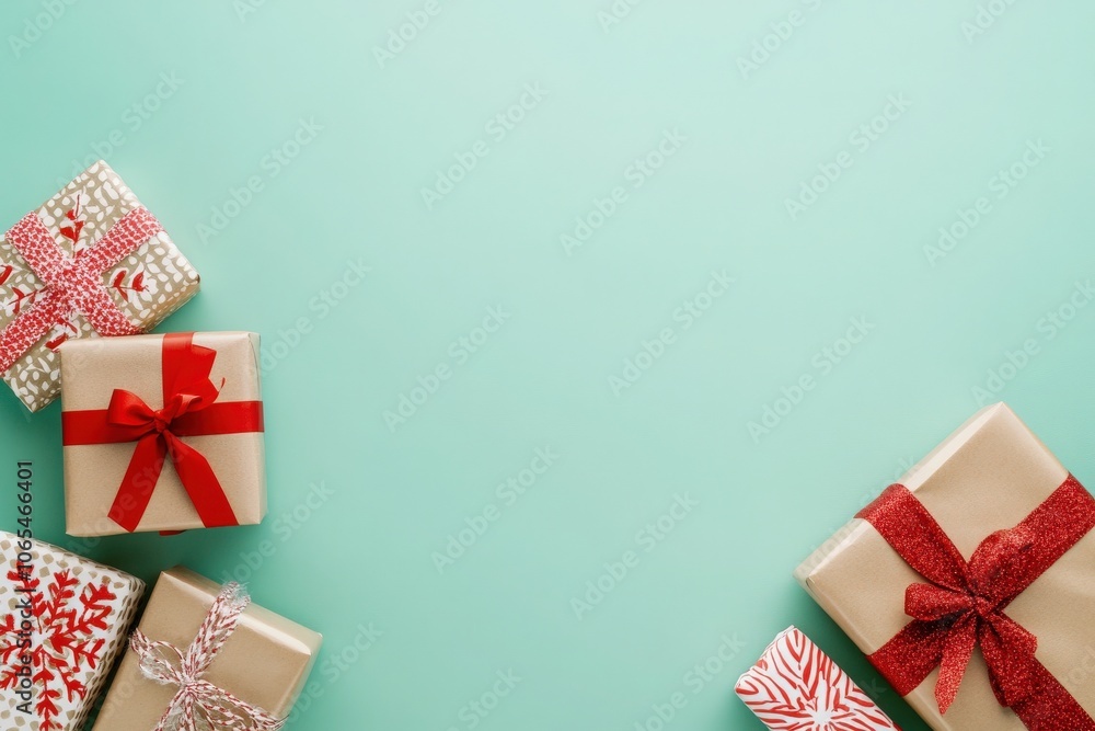 A variety of beautifully wrapped presents in festive colors and patterns are arranged against a clean mint background, creating a cheerful atmosphere perfect for holiday gifting.