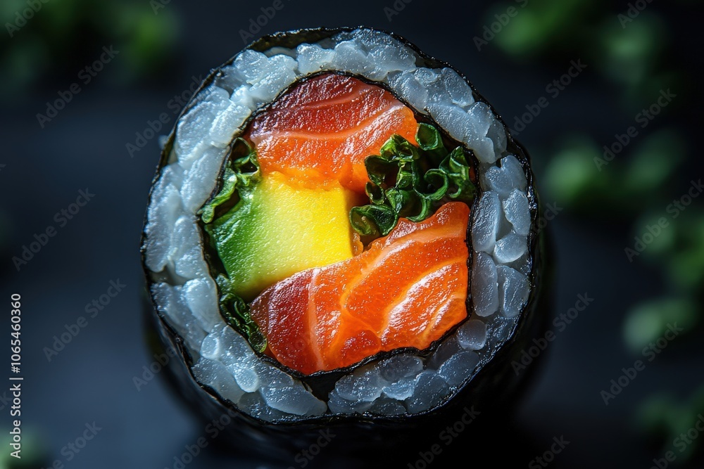 A vibrant sushi roll showcases layers of salmon, avocado, and leafy greens. The top down view highlights the fresh ingredients, emphasizing the delightful textures and colors.