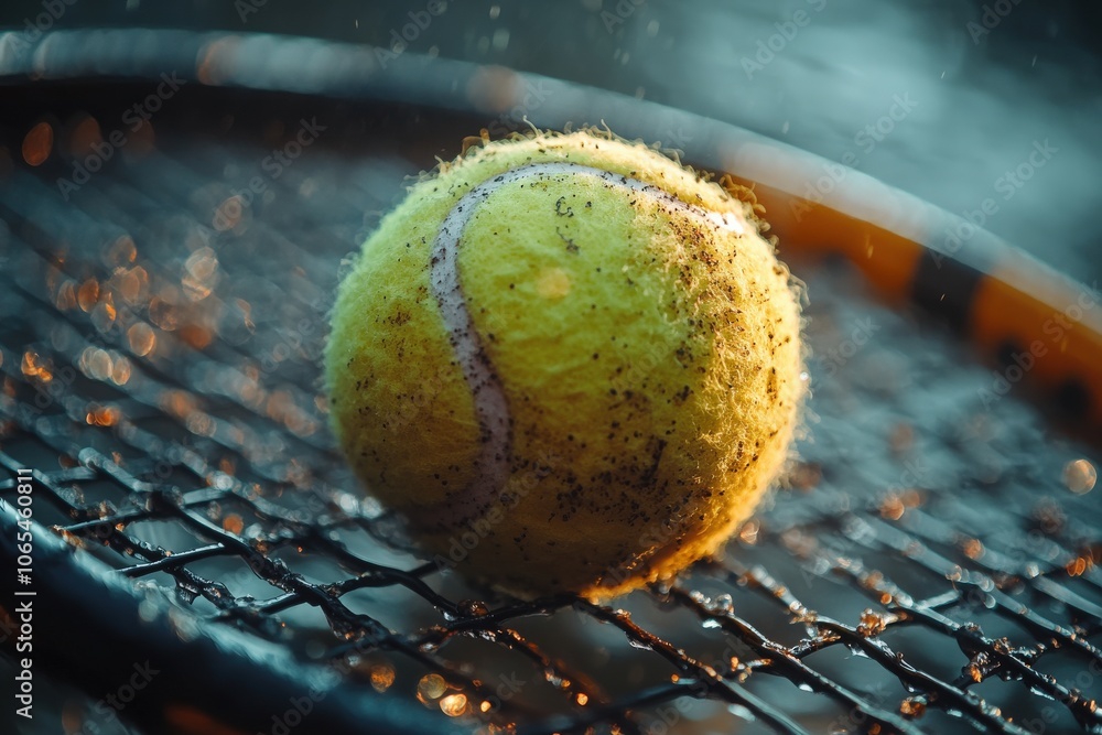 A vibrant tennis ball sits on a racket, glistening with water droplets. The scene captures the essence of an evening match, showcasing the beauty of the sport amidst nature.
