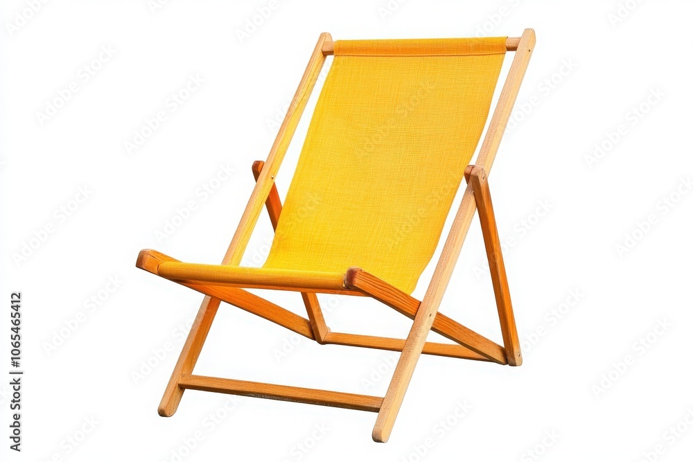 A vibrant yellow wooden deck chair stands alone, inviting relaxation in warm outdoor settings. Ideal for lounging on sunny days, it provides comfort and style in any environment.