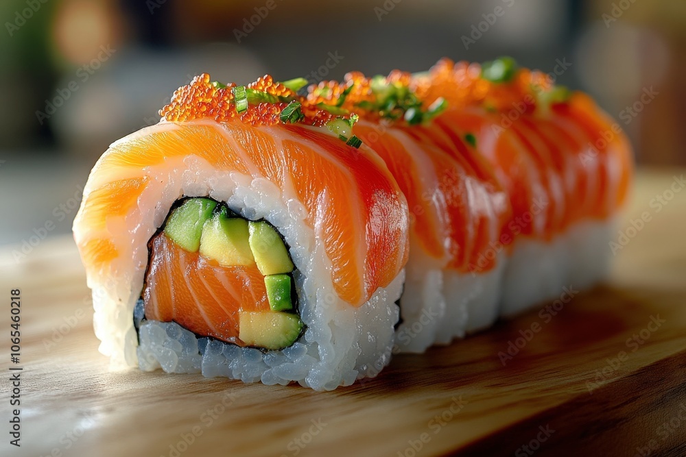 A visually appealing sushi roll sits on a wooden board, showcasing layers of salmon and vibrant fish roe. Fresh ingredients are highlighted, creating an inviting dining experience.