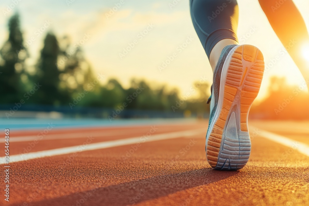 A woman is performing leg stretches at an outdoor track after completing her workout. The sun sets in the background, casting a warm glow over the scene, highlighting her effort and determination.