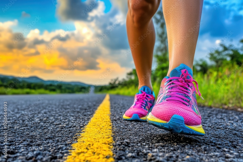 A woman is stretching her legs along a scenic road, enjoying the cool breeze after a vigorous workout. The sun is setting, casting vibrant colors across the sky, enhancing the peaceful atmosphere.