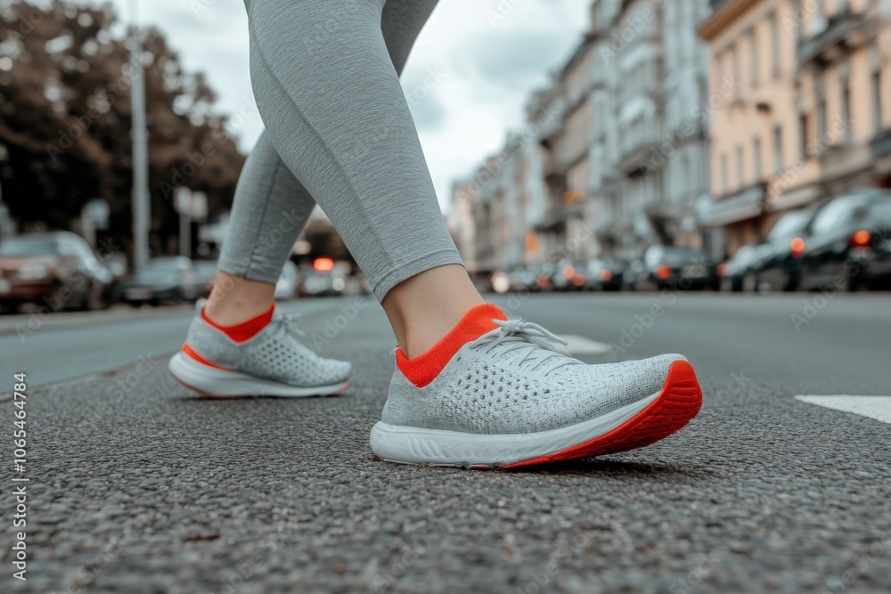 A woman is stretching her legs on a bustling city street after completing her workout. She wears comfortable athletic gear and focuses on her flexibility amid the urban landscape.
