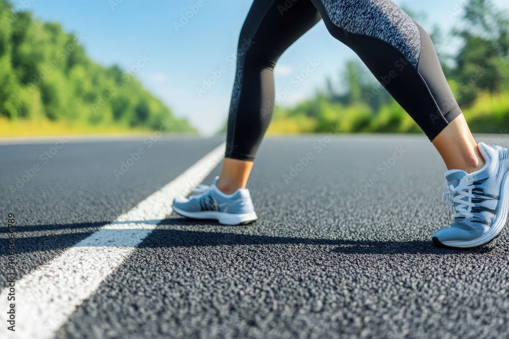 A woman performs a leg stretch on a deserted outdoor road after finishing her workout, enjoying the fresh air and sunshine. The lush greenery in the background adds to the serene atmosphere.