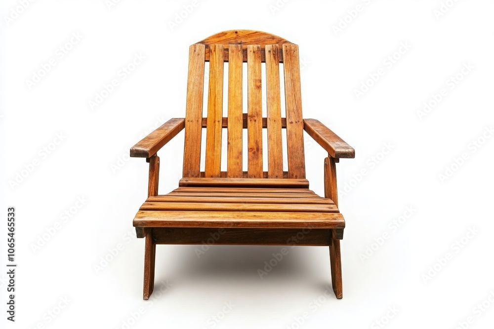 A wooden deck chair stands alone, emphasizing its inviting design. It offers a perfect spot for leisure and relaxation, ideal for any outdoor or indoor space.