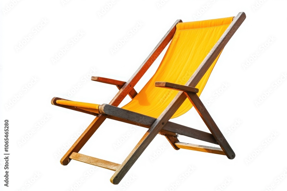 A wooden deck chair with a vibrant yellow canvas sits isolated, inviting relaxation under the open sky. Ideal for enjoying leisurely afternoons outside in comfort.