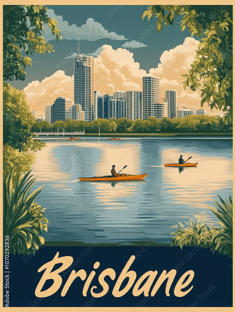 Bright colors illustrate kayakers enjoying the serene waters of Brisbane, framed by lush greenery and a stunning city skyline.