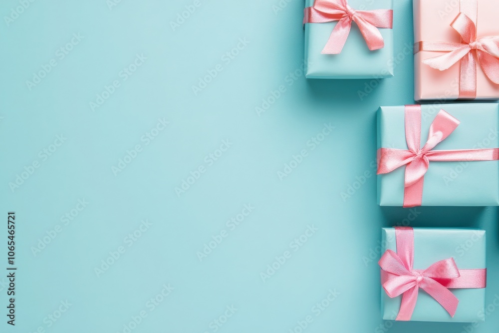 Brightly colored presents are neatly arranged on a solid blue background, adorned with pink ribbons. These gifts are perfect for celebration and gifting during special occasions.