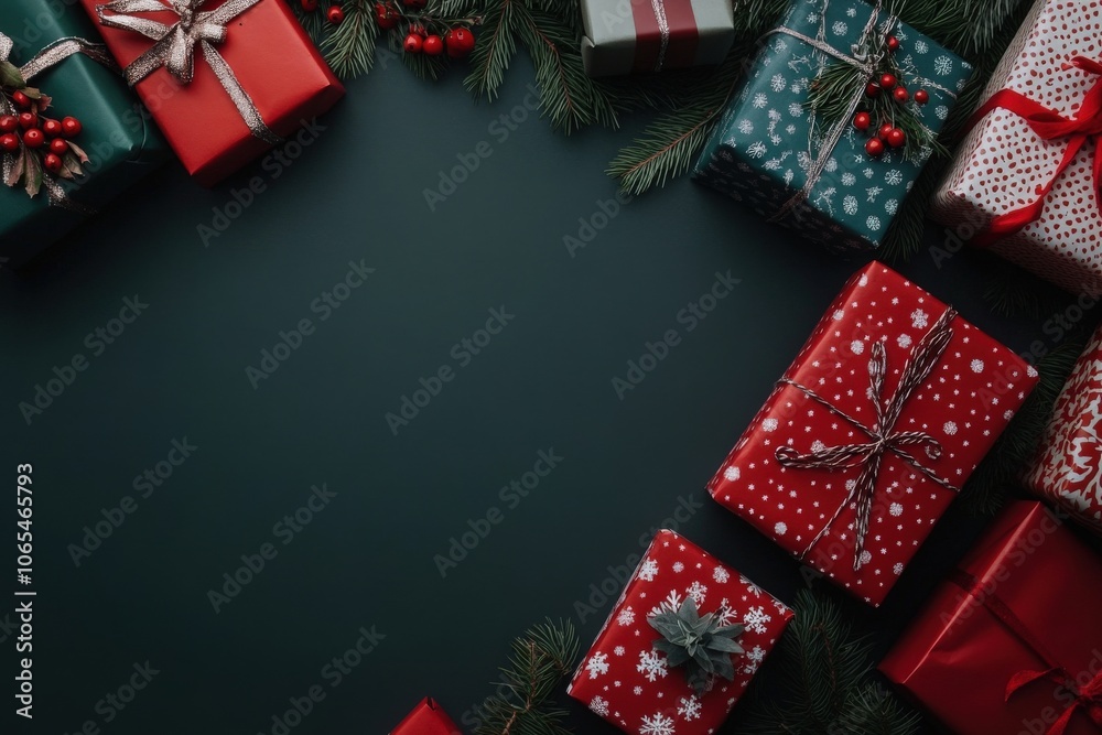 Brightly wrapped presents in various colors are artistically arranged on a dark background. Festive decorations like pine branches and red berries enhance the joyful holiday atmosphere.