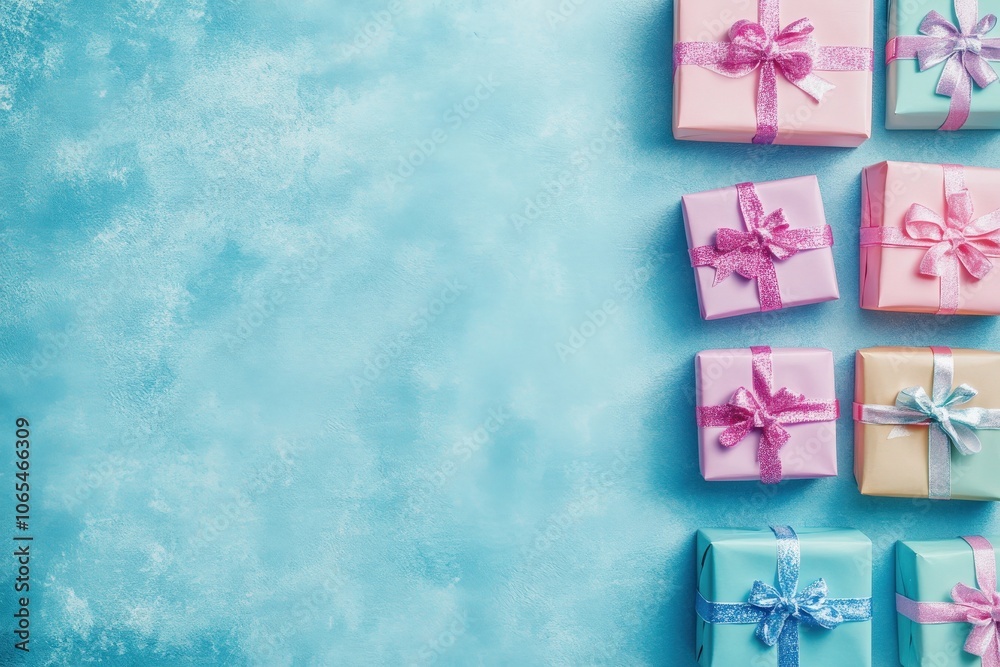 Brightly wrapped presents in various colors are elegantly arranged on a solid blue background, perfect for celebrations or gift-giving moments.