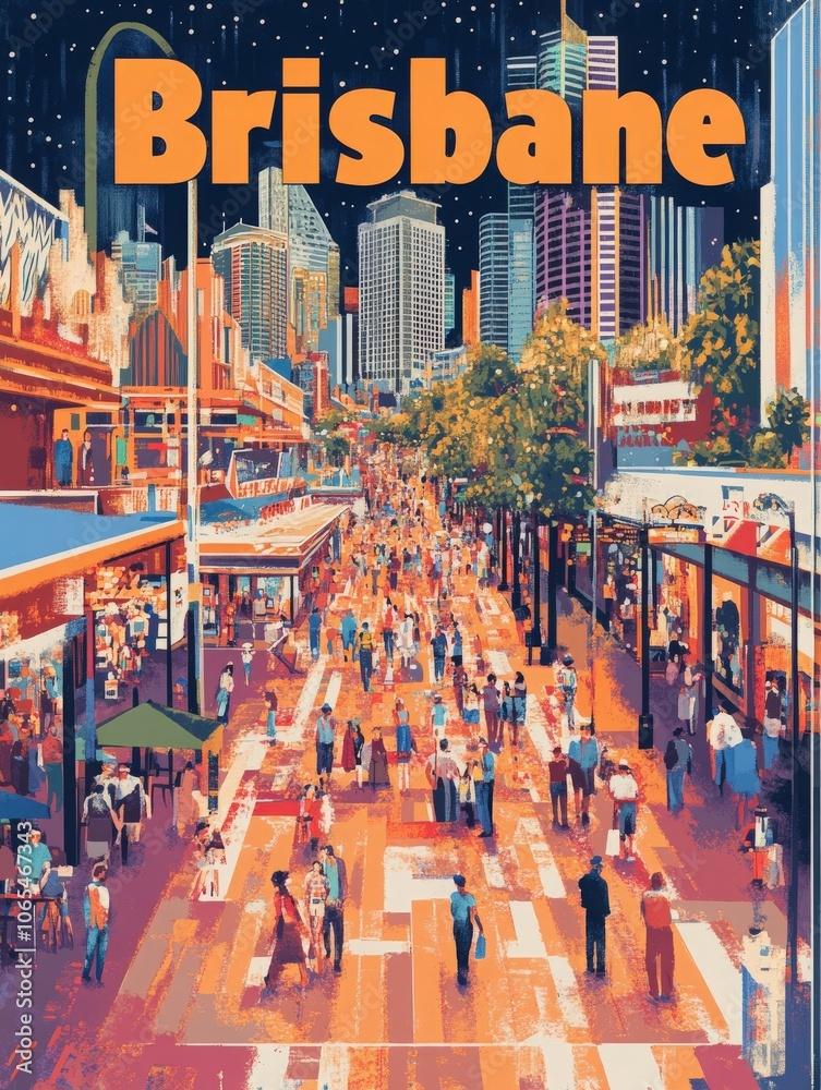 Brisbanes lively streets come alive at dusk, filled with crowds enjoying shops, dining, and bright lights. The citys skyline serves as a stunning backdrop to this vibrant urban experience.