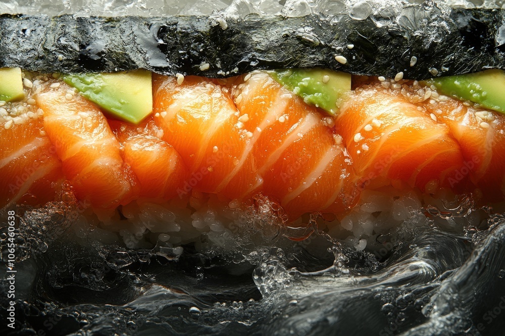 Crafted with fresh ingredients, this sushi roll features delicate salmon, sliced avocado, and sesame seeds. The top-down perspective captures the vibrant colors and intricate details of the dish.