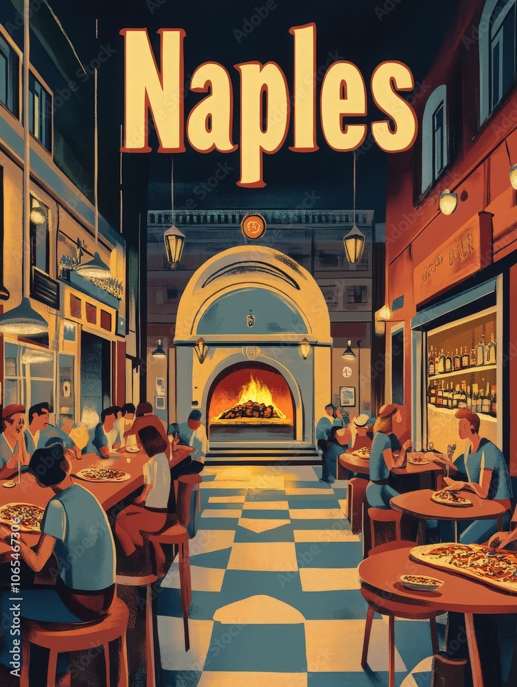 Dine in a lively Naples pizzeria, where guests savor traditional dishes. The atmosphere is warm and inviting, with a beautiful fireplace illuminating the space and locals enjoying their meals.