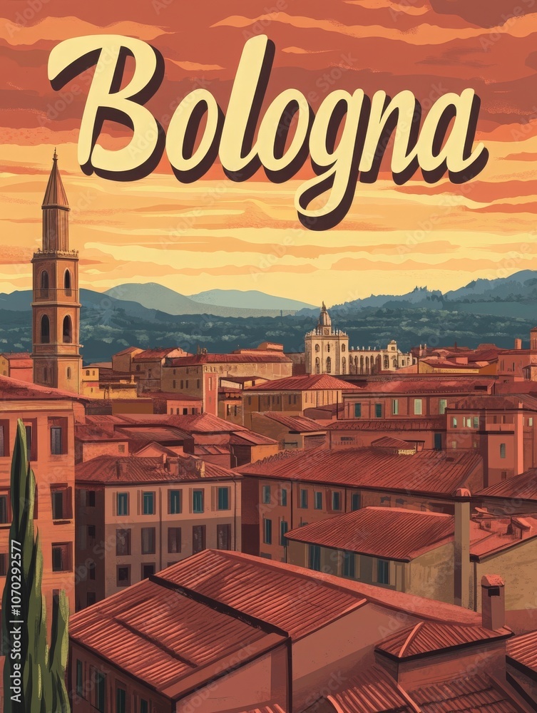 Discover the enchanting city of Bologna, where historical buildings showcase mid-century modern design amidst picturesque rooftops and a stunning sunset backdrop, inviting exploration and adventure.