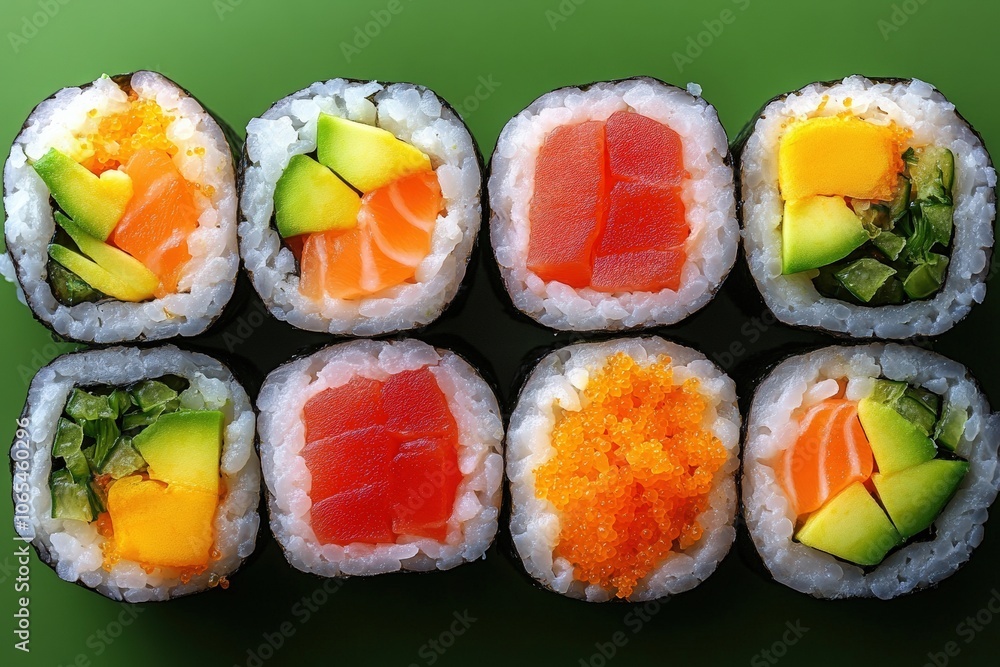 Eight sushi rolls showcasing vibrant fillings such as avocado, salmon, and tuna are neatly arranged on a green background, highlighting their fresh ingredients and artistic presentation.