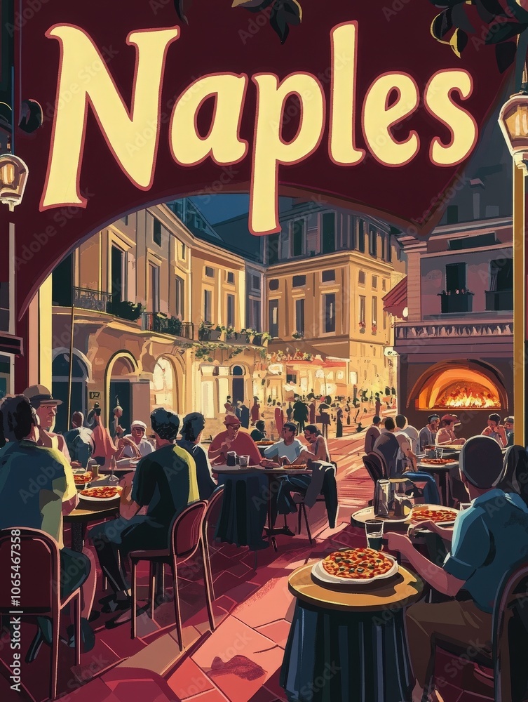 Enjoy the lively atmosphere of Naples with diners savoring authentic cuisine outdoors. The bustling streets are illuminated, creating a cozy ambiance perfect for an evening out.